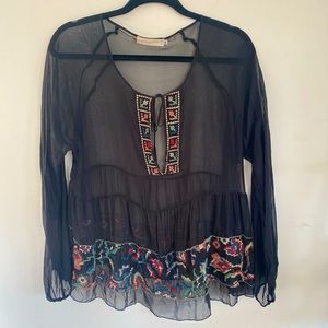 Johnny Was Sheer Embroidered Blouse